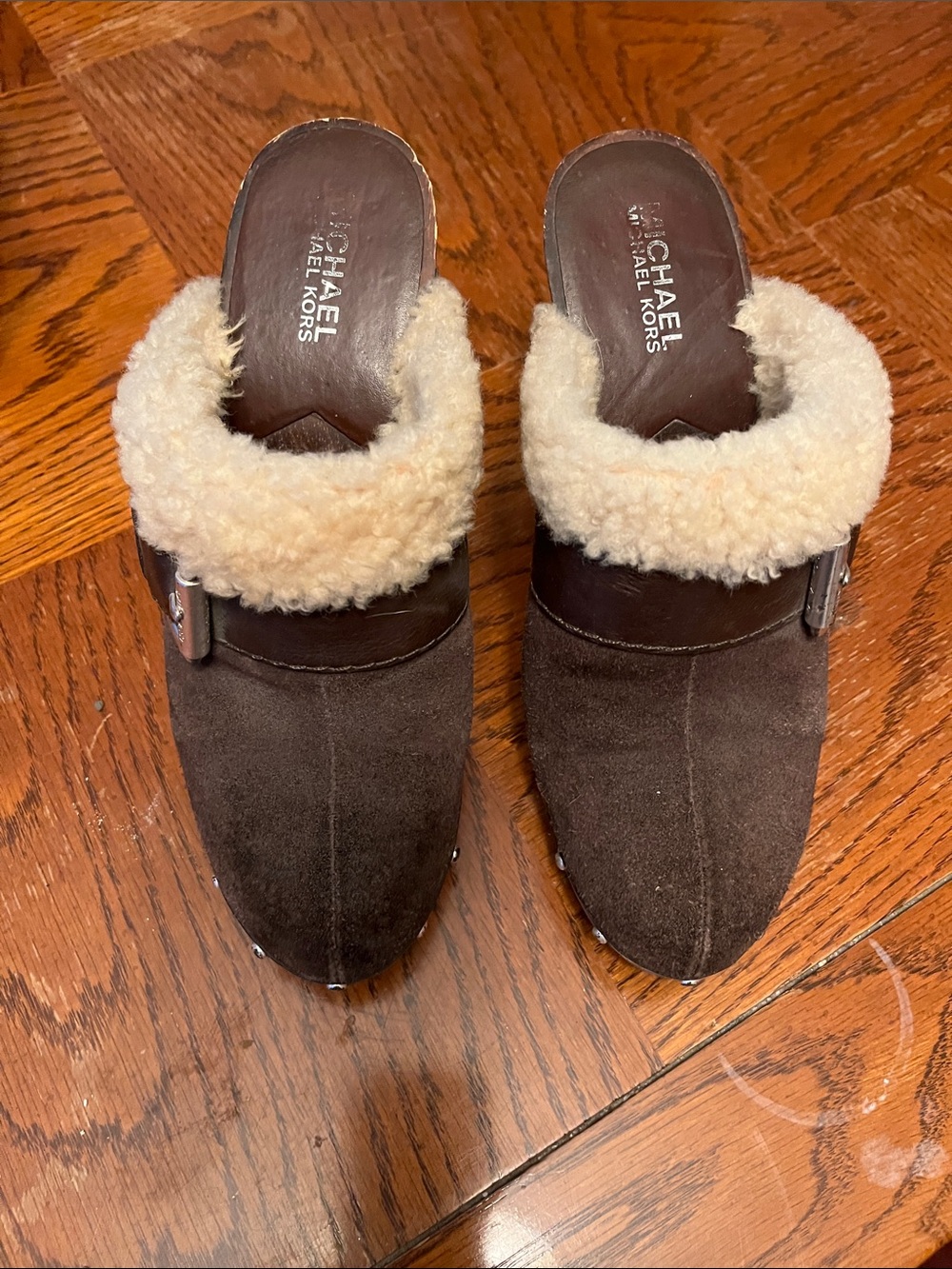 Michael Kors Dark Brown Suede Mule with Cream Shearling Trim